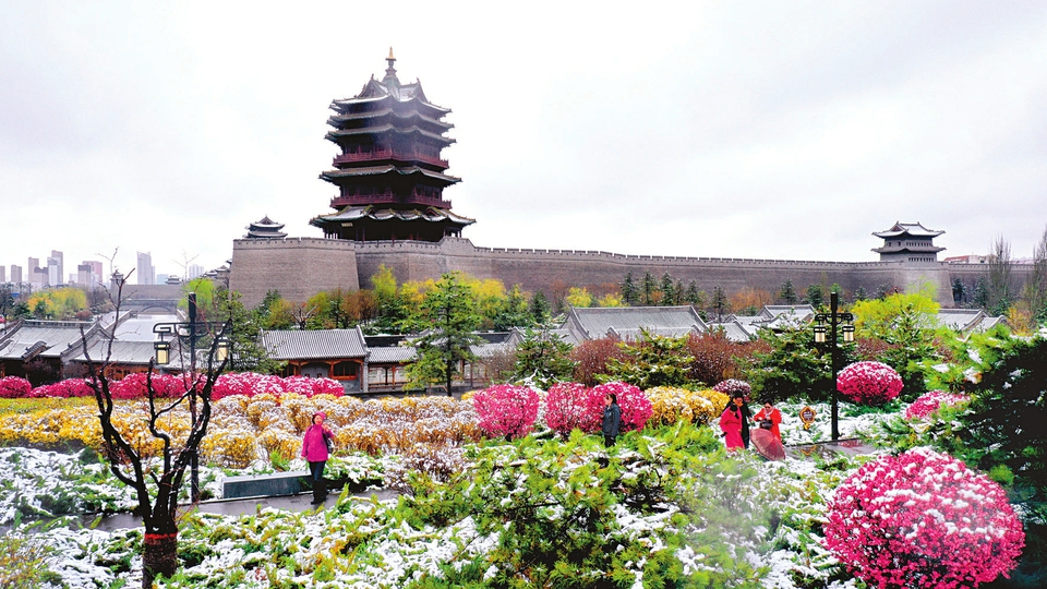 雪后的大同古城护城河畔,松柏傲立。 王中勋摄