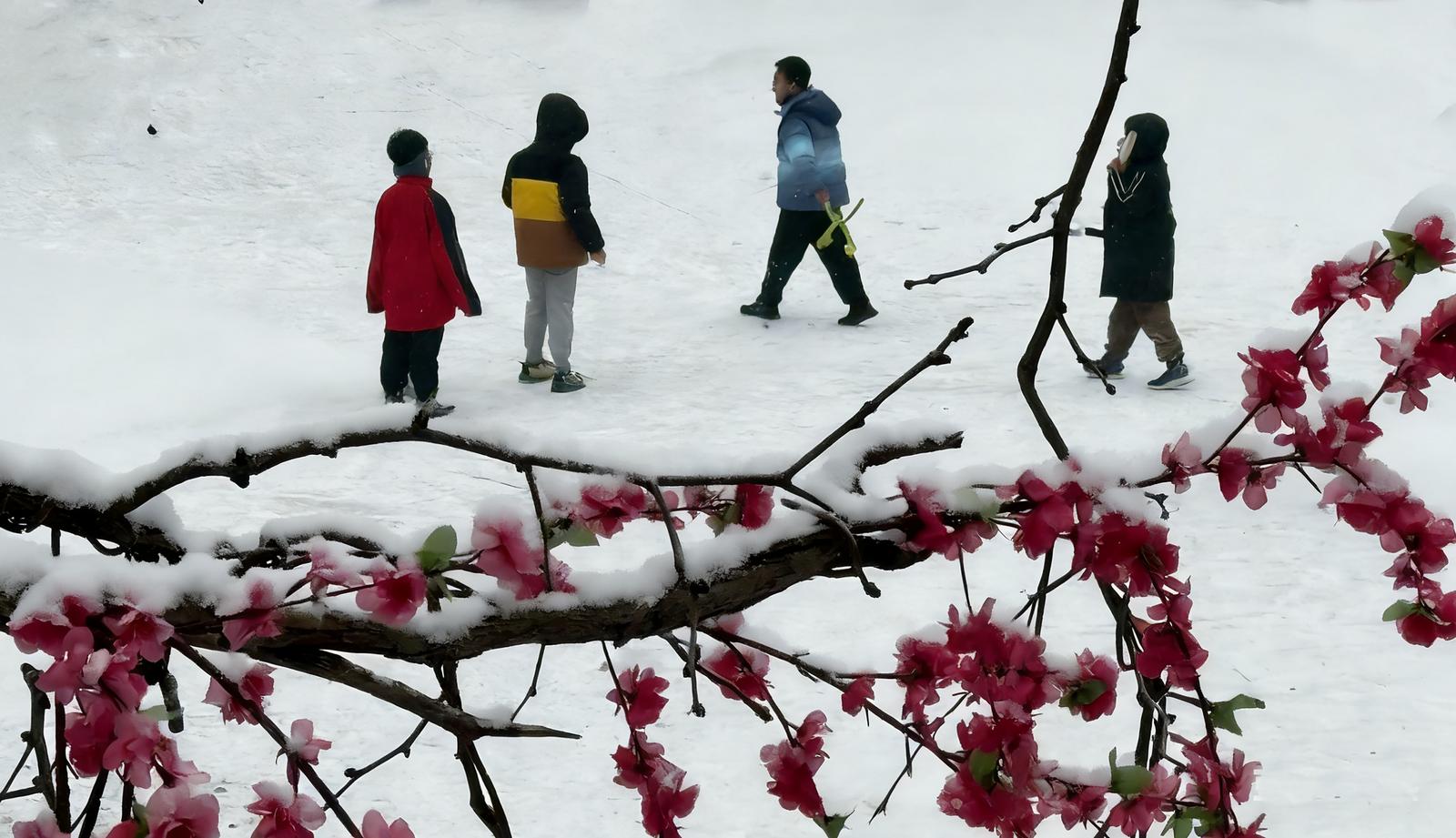 1月25日,太原市东山一居民小区内,瑞雪、绢花、孩童,勾勒出“瑞雪兆丰年”的画卷。