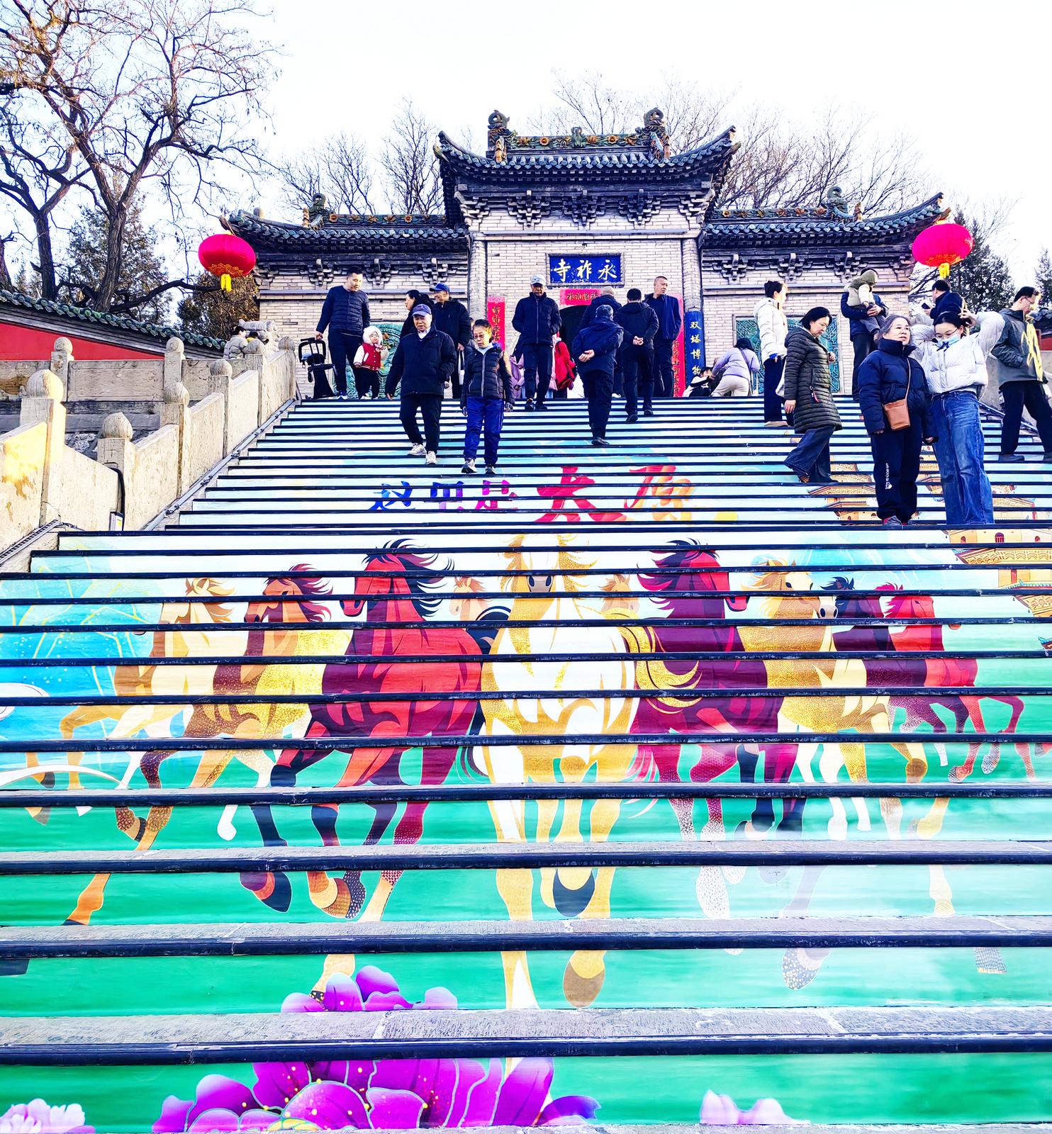 新春佳节,太原永祚寺门前的骏马图吸引游客驻足,为节日增添了一抹亮色。李艳龙 摄