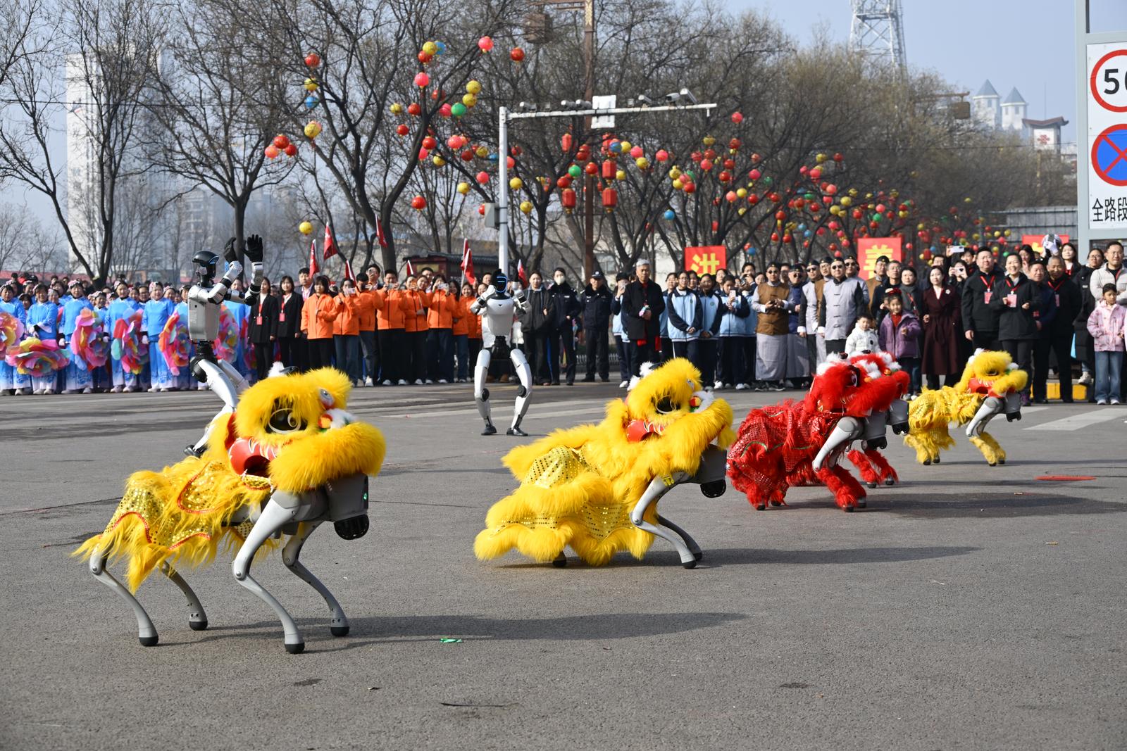 3月3日,晋中市平遥古城社火汇演现场热闹非凡。机器狮动作精准流畅,与机器人默契配合,演绎出传统民俗与现代科技的奇妙碰撞。闫红霞 摄
