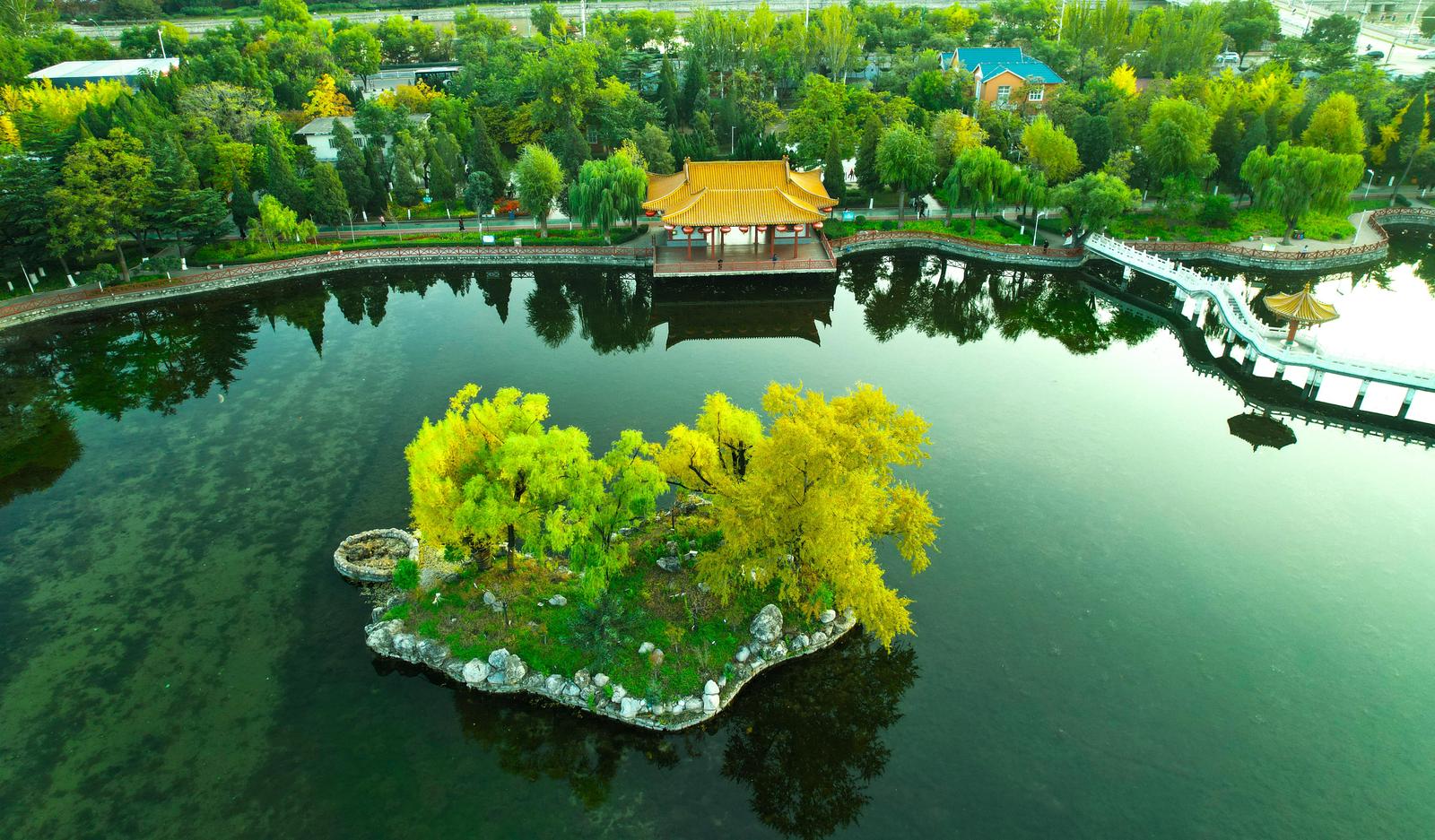 10月29日,阳泉市中心公园叠翠流金、湖桥映景、古建添韵。杜爱清 摄